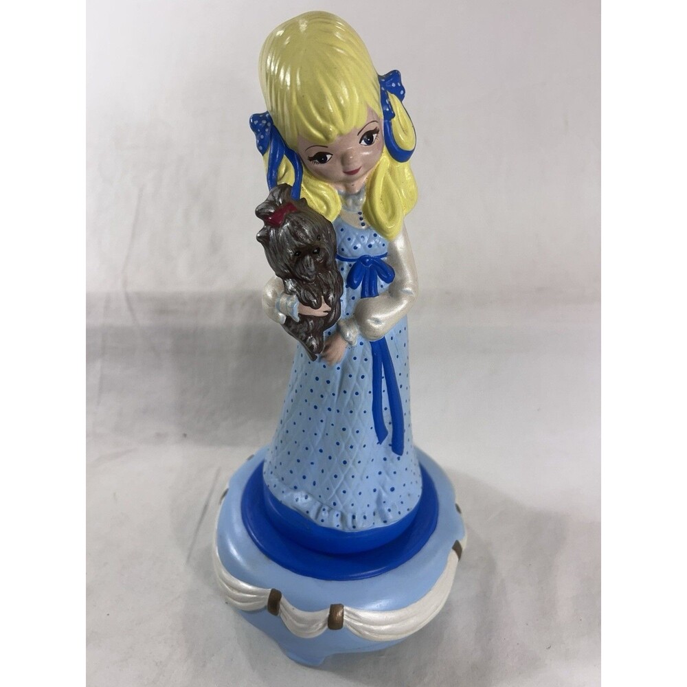 Vintage Handmade Hand Painted Girl With Dog Blue Dress Figure 10" Music Box
